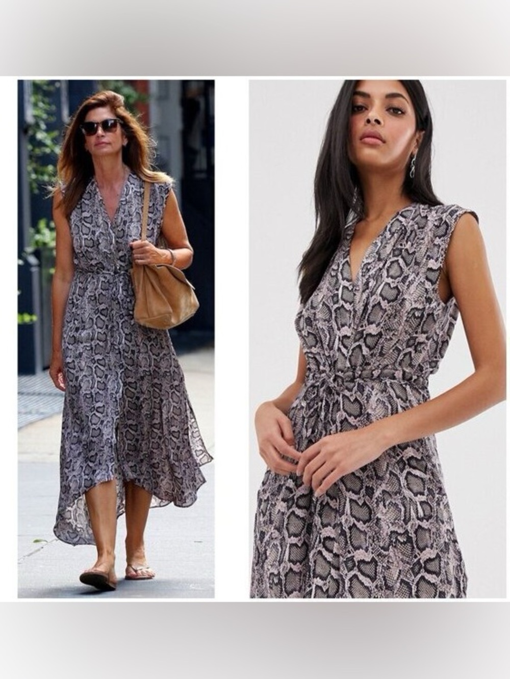 All Saints Snake-Print High-Low Sleeveless Midi Dress in Gray and Black